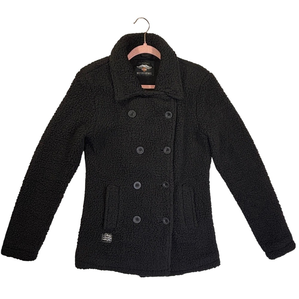Harley-Davidson Women Black Sherpa Fleece Pea Coat Double Breasted Jacket M